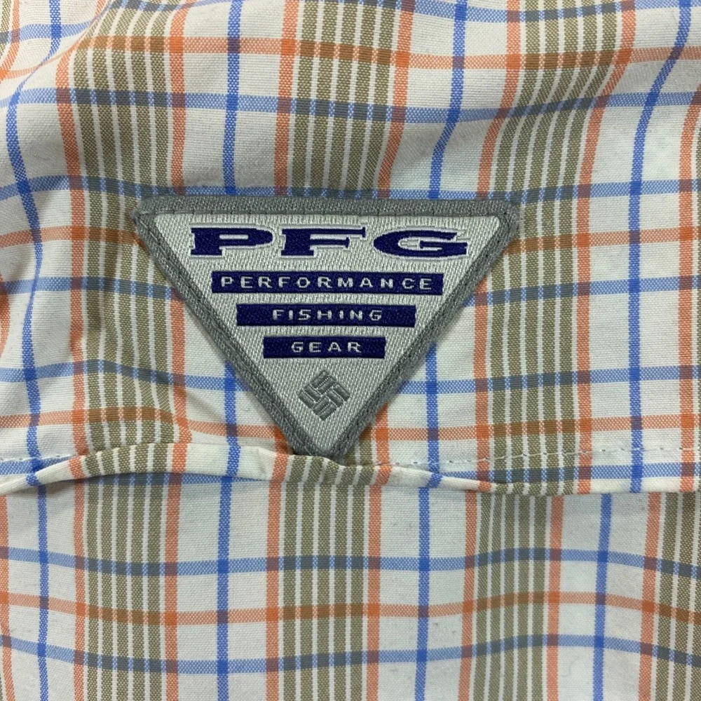 Columbia PFG‎ Super Bahama Fishing Shirt Mens XL Orange Blue Plaid Short Sleeve